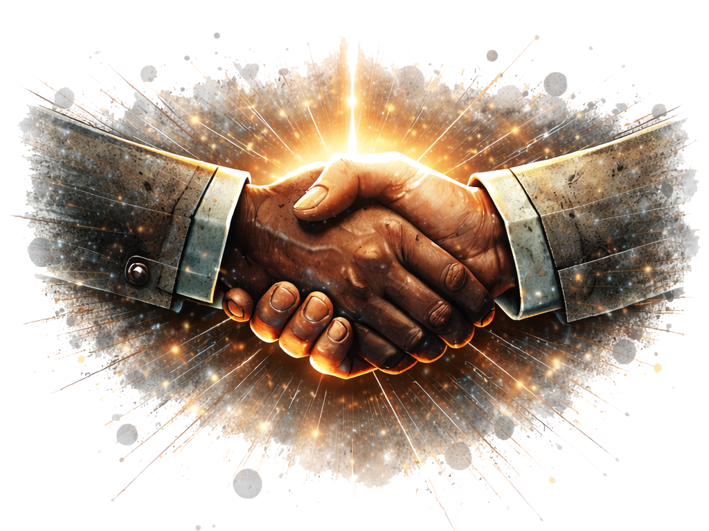 Close-up of two hands in suits shaking, with digital effects and city skyline in the background.