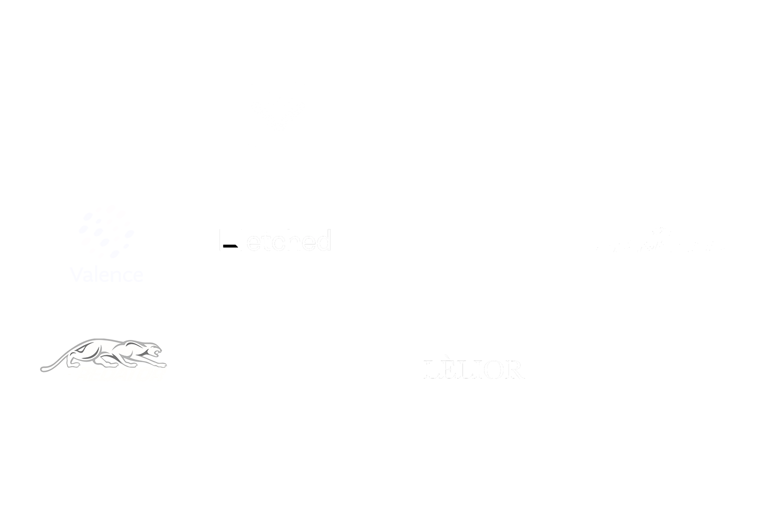 Logos of various startup companies and brands, including UXDX, Vega AI, Hadrian, Chartwell Marine, Valence, etched, Recorded Future, Princess, Predator, Vega II, Lèlior, and Alec Bradely