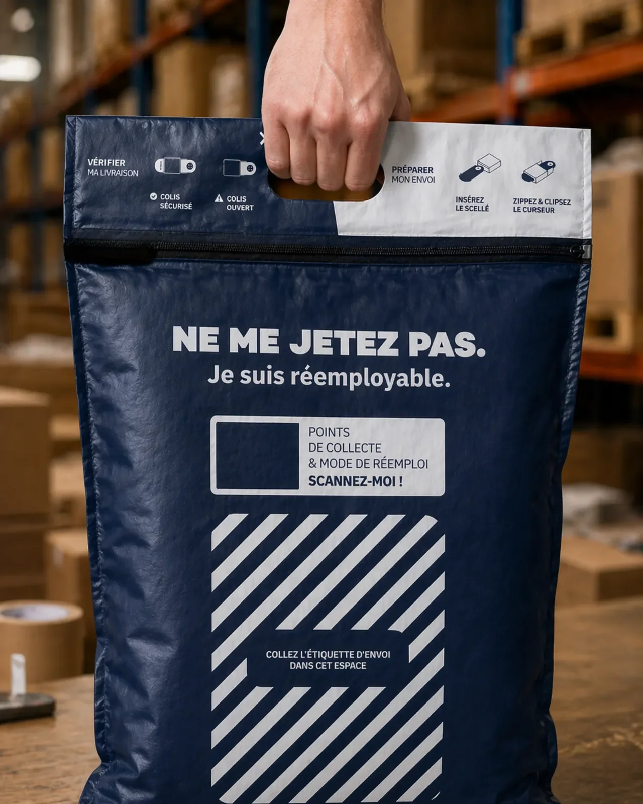 Sac d'expédition réemployable MOBIUSpack avec le message "Ne me jetez pas, je suis réemployable"