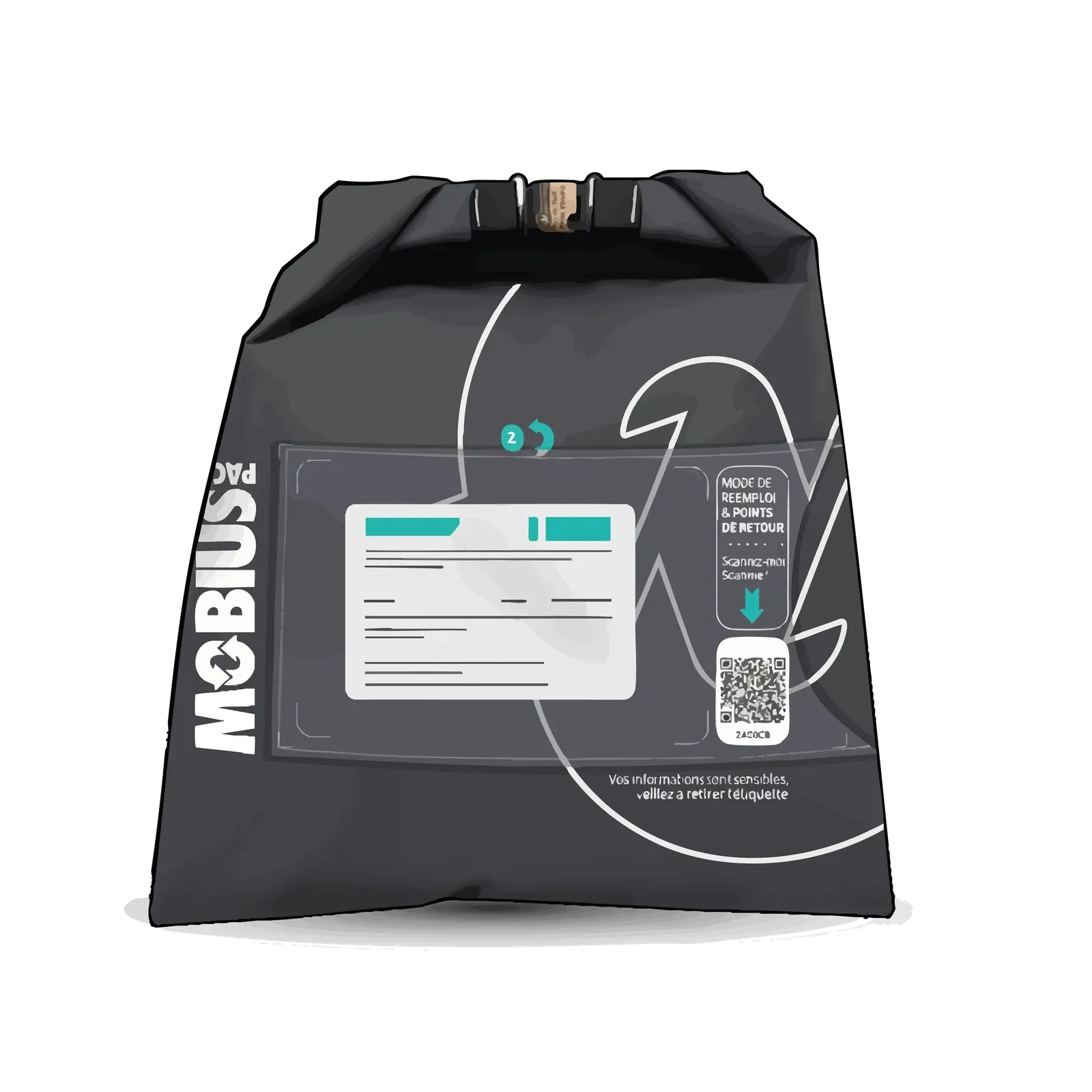 Illustration du mode de réemploi : scanner le QR code de l'emballage réutilisable MOBIUSpack pour le retour