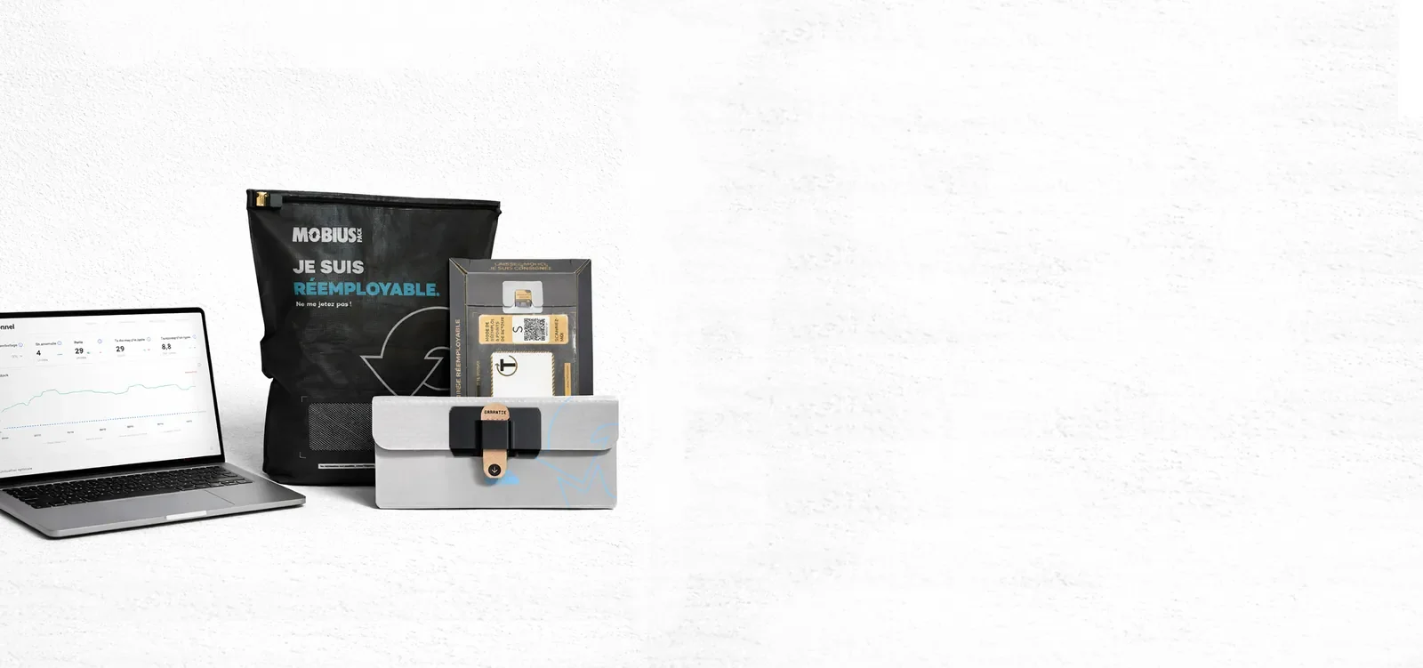 Emballages réutilisables et recyclables MOBIUSpack : sac zippé réemployable, boîte consignée et coffret de suivi logistique