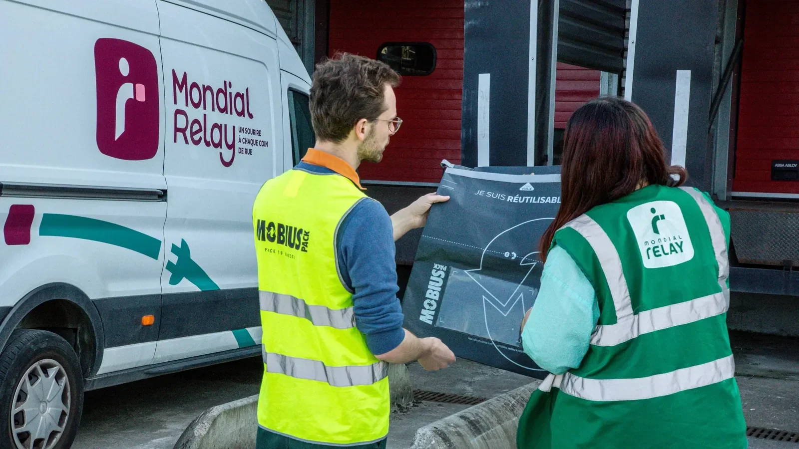 Remise d'un colis réutilisable MOBIUSpack à un partenaire Mondial Relay