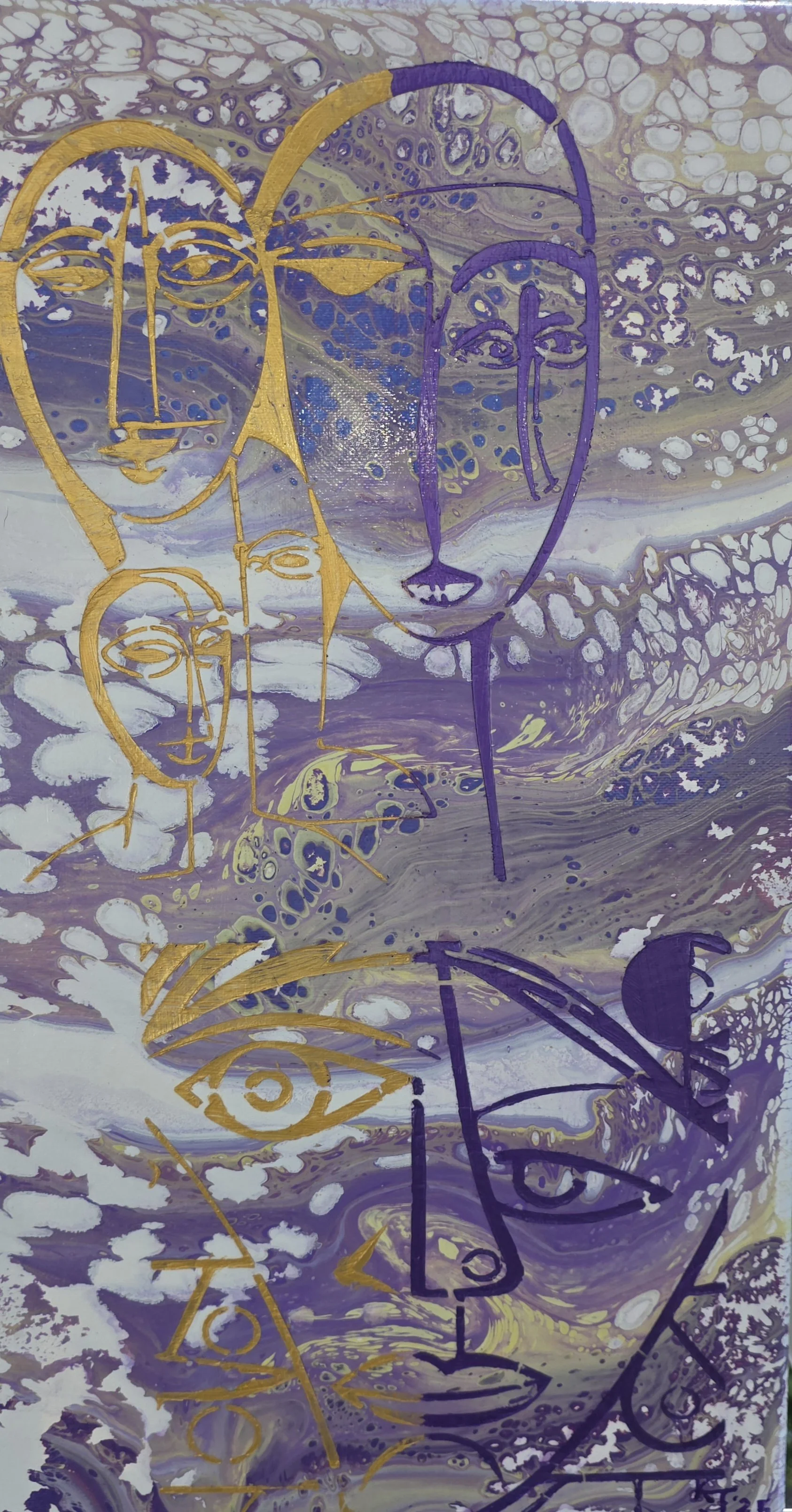 Purple Cloud Pour Canvas with Abstract Faces