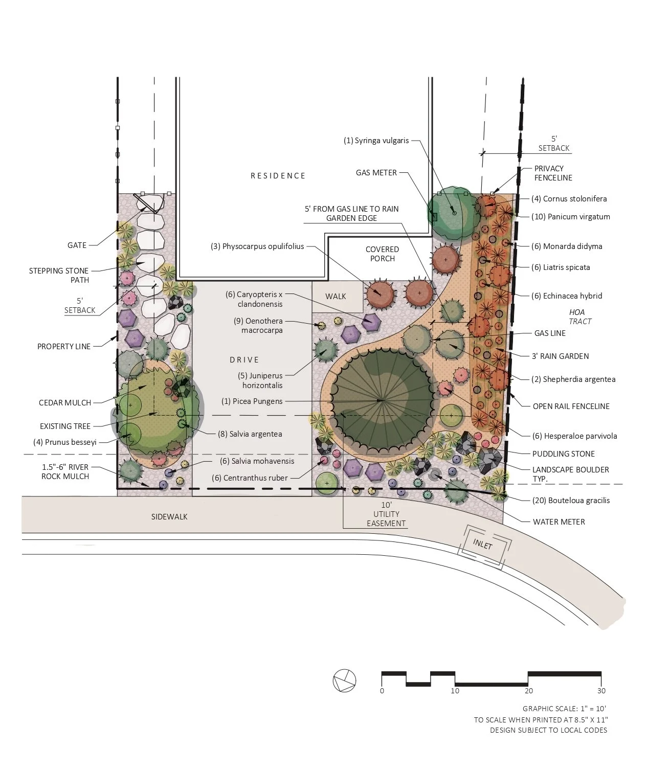 Landscape design plan showing layout of a residential yard with native, water-wise plants designed to thrive in Colorado's climate year round. Designed by Aquila Landscapes Design & Build, a landscape company in Denver, Colorado.