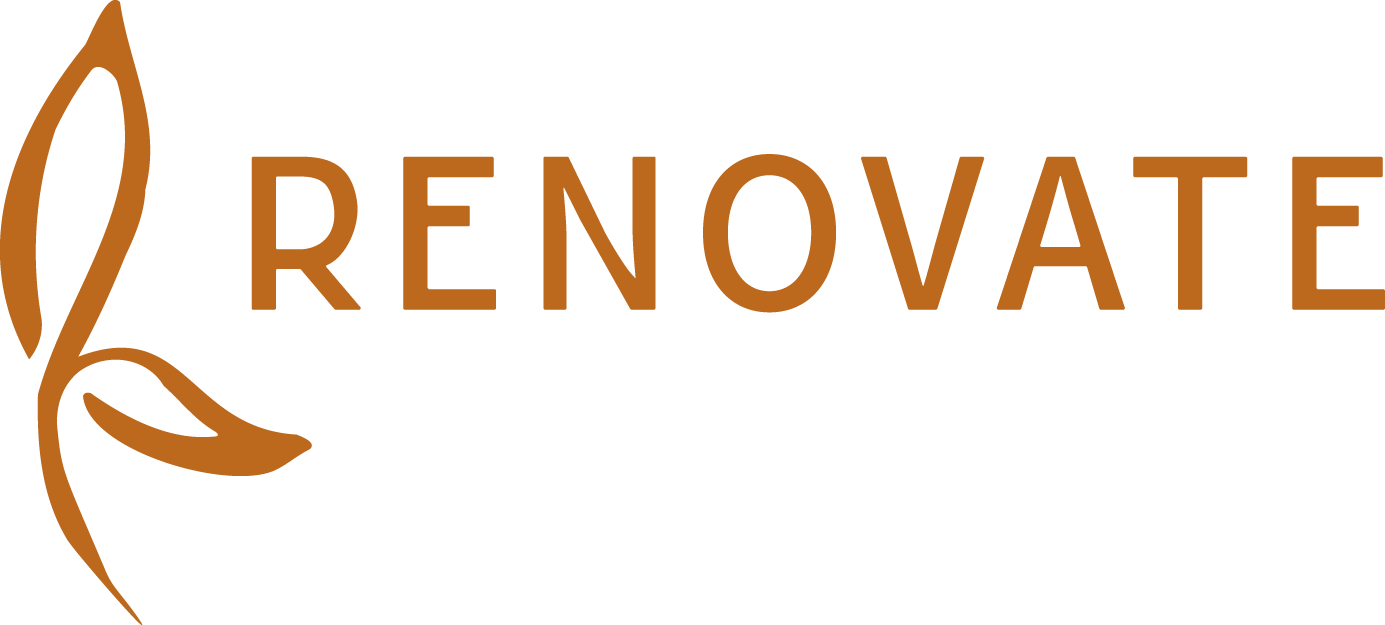 Logo with the word 'RENOVATE' and a stylized leaf design in brown.
