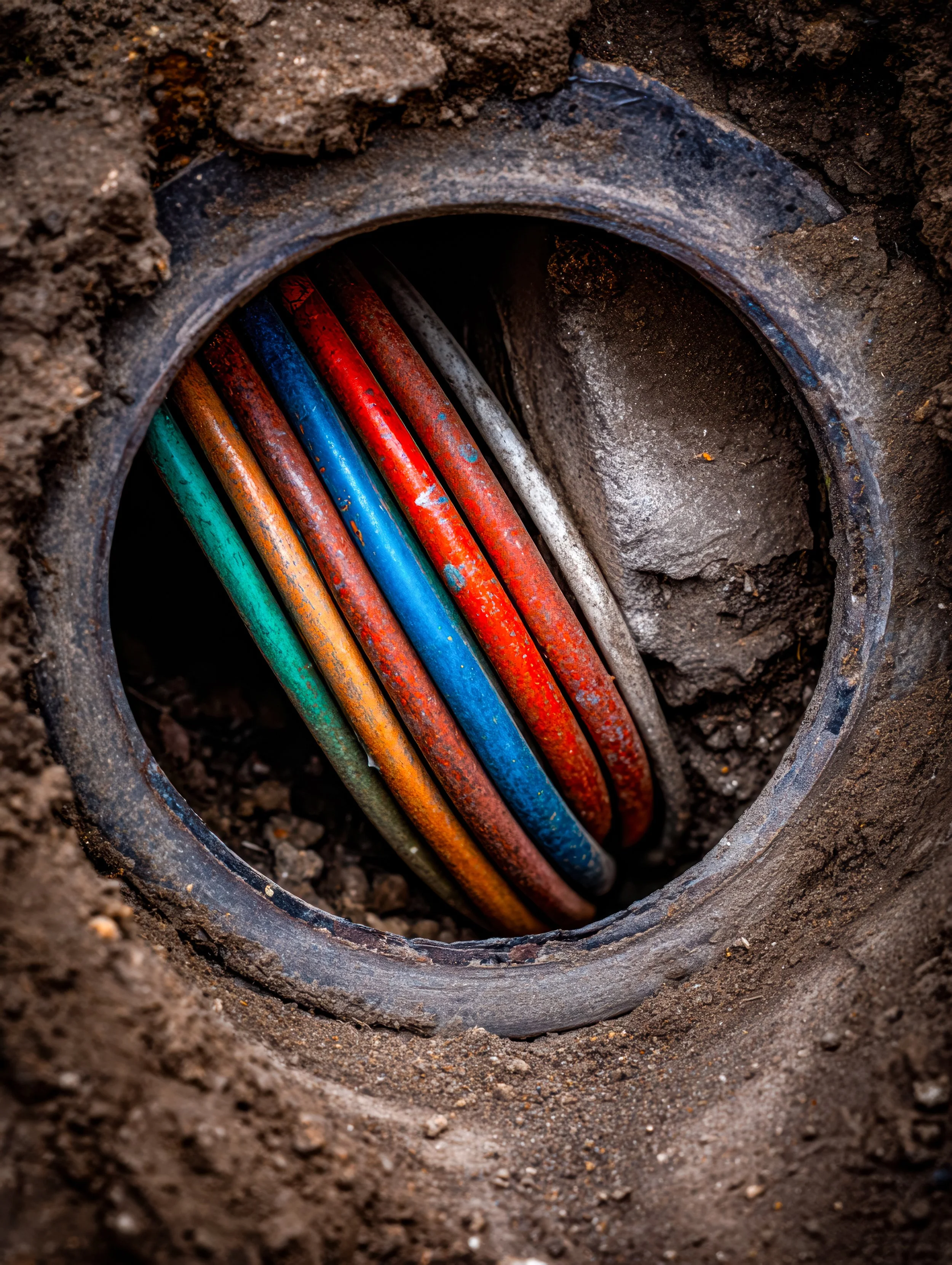 Colorful electrical cables inside a conduit in the ground, with soil around the opening.