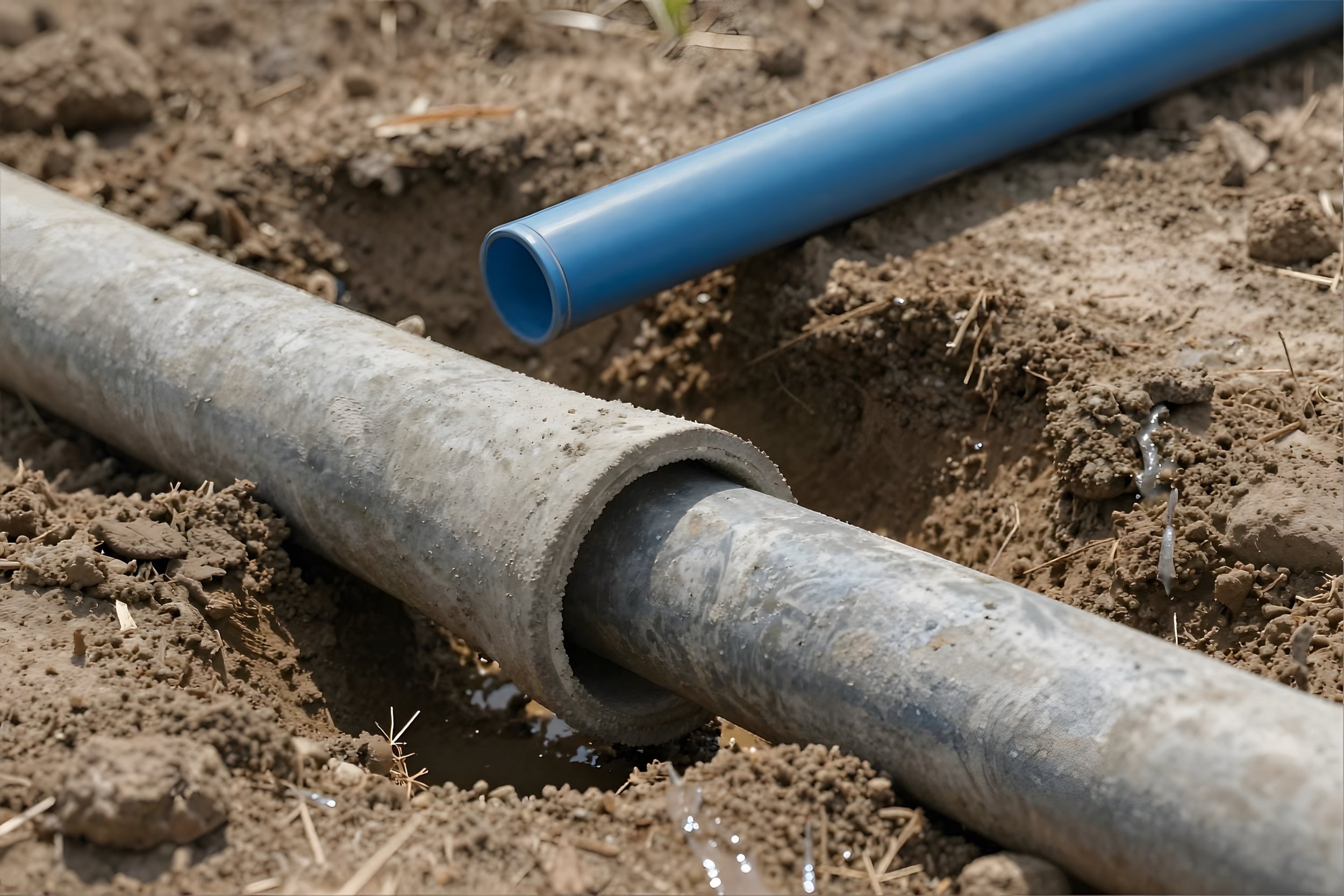 Close-up of an excavation site showing a large concrete pipe and a blue plastic pipe insert in the ground surrounded by soil and dirt.