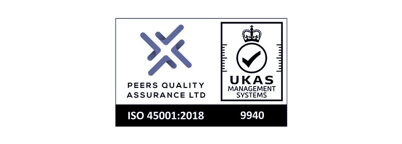 Certification label from PEERS Quality Assurance Ltd and UKAS Management Systems for ISO 45001:2018 management system standard.