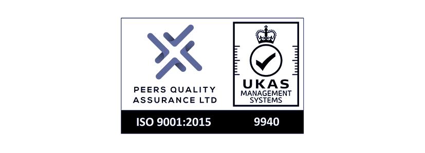 Certification and management system logos, including Peers Quality Assurance Ltd and UKAS Management Systems, indicating ISO 9001:2015 certification.