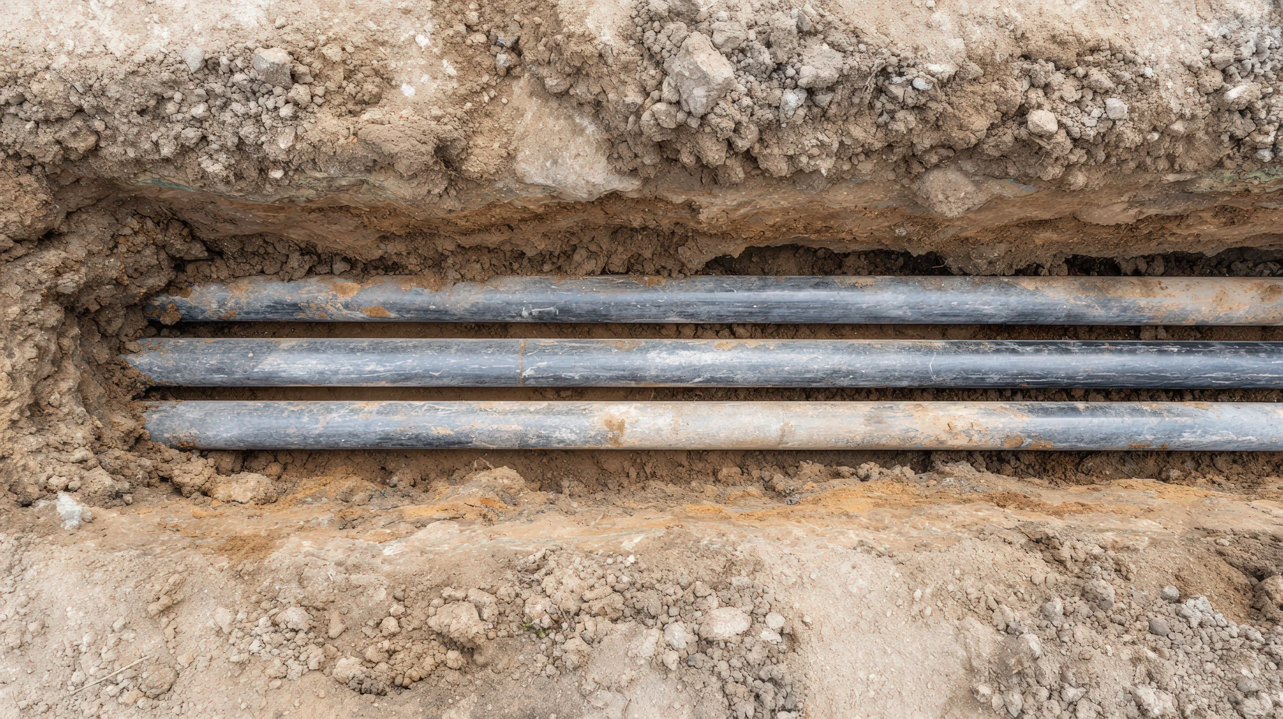 Three metal pipes installed underground in a trench with dirt surrounding them.