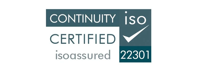 Certificate displaying the word 'CONTINUITY', an ISO logo with a check mark, the words 'CERTIFIED', 'iso assured', and the number 22301.