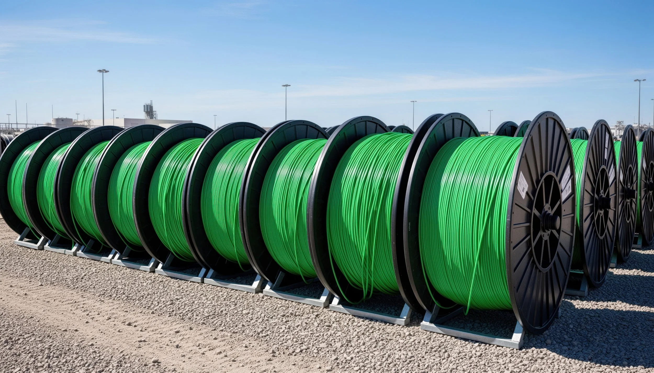 Multiple large spools of bright green cable stacked outdoors on a gravel surface under a clear blue sky.