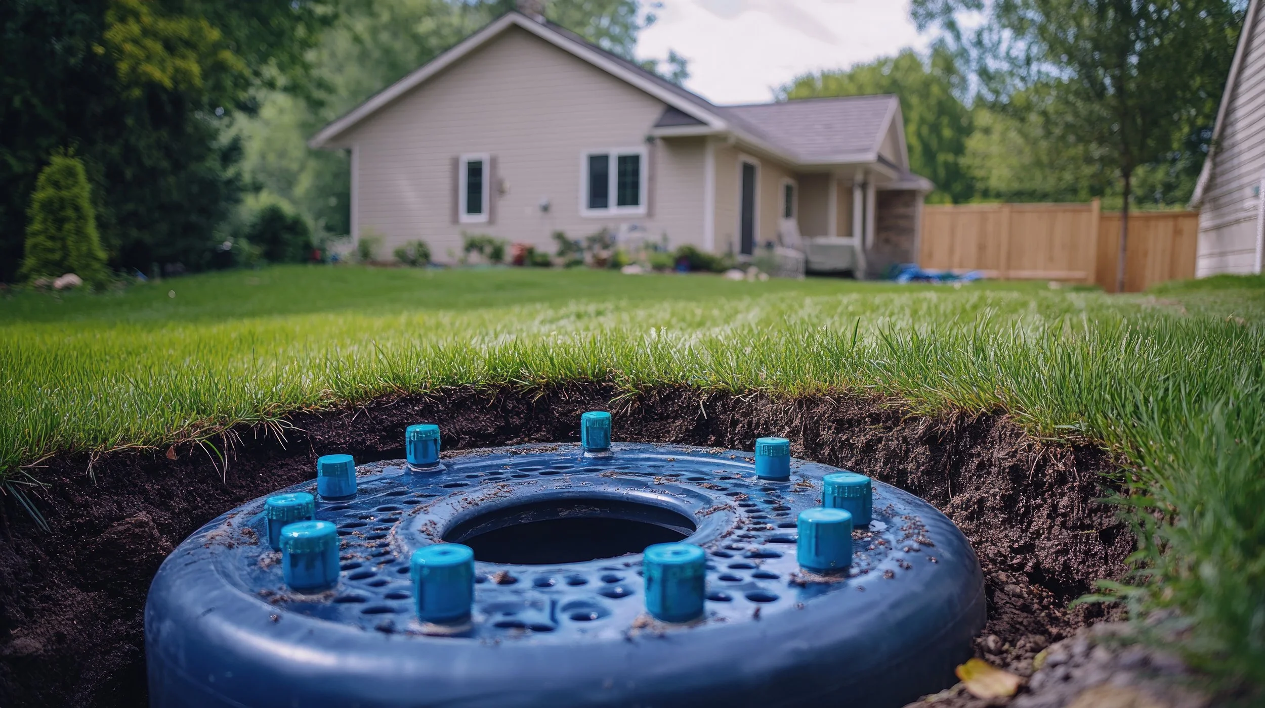 A septic tank lid uncovered in a backyard with green grass, trees, and houses in the background.