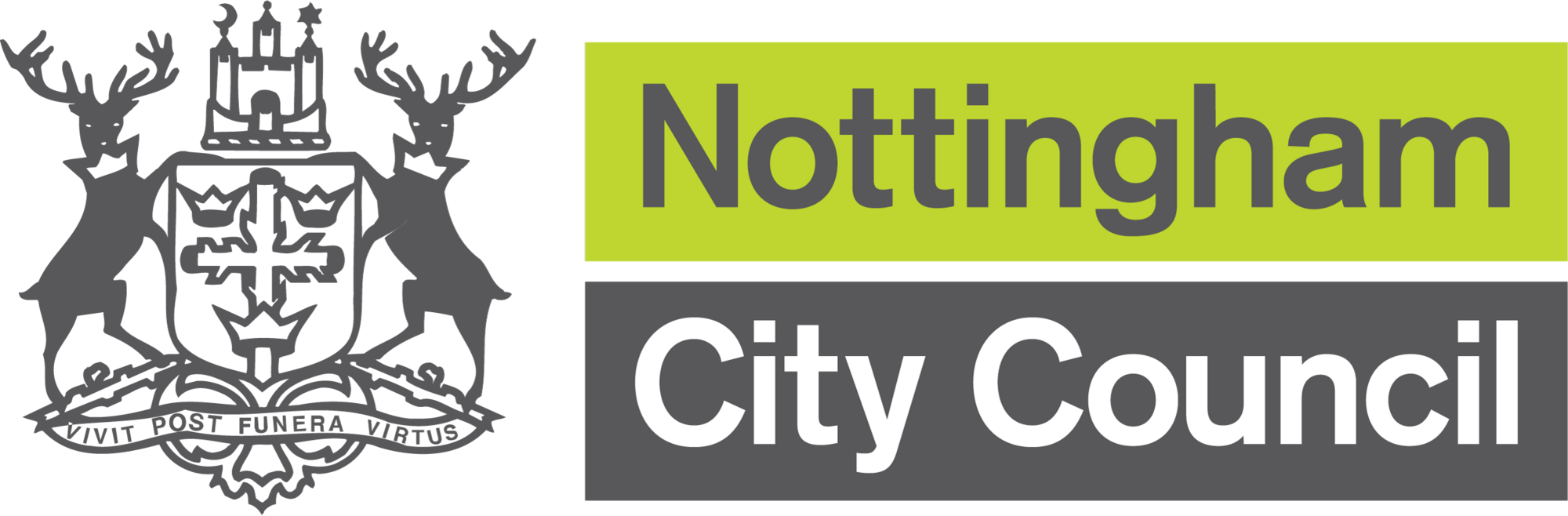 The Nottingham City Council logo featuring a coat of arms with a shield, helmet, two deer, and a banner with Latin motto, alongside the name 'Nottingham City Council' in green and white text.