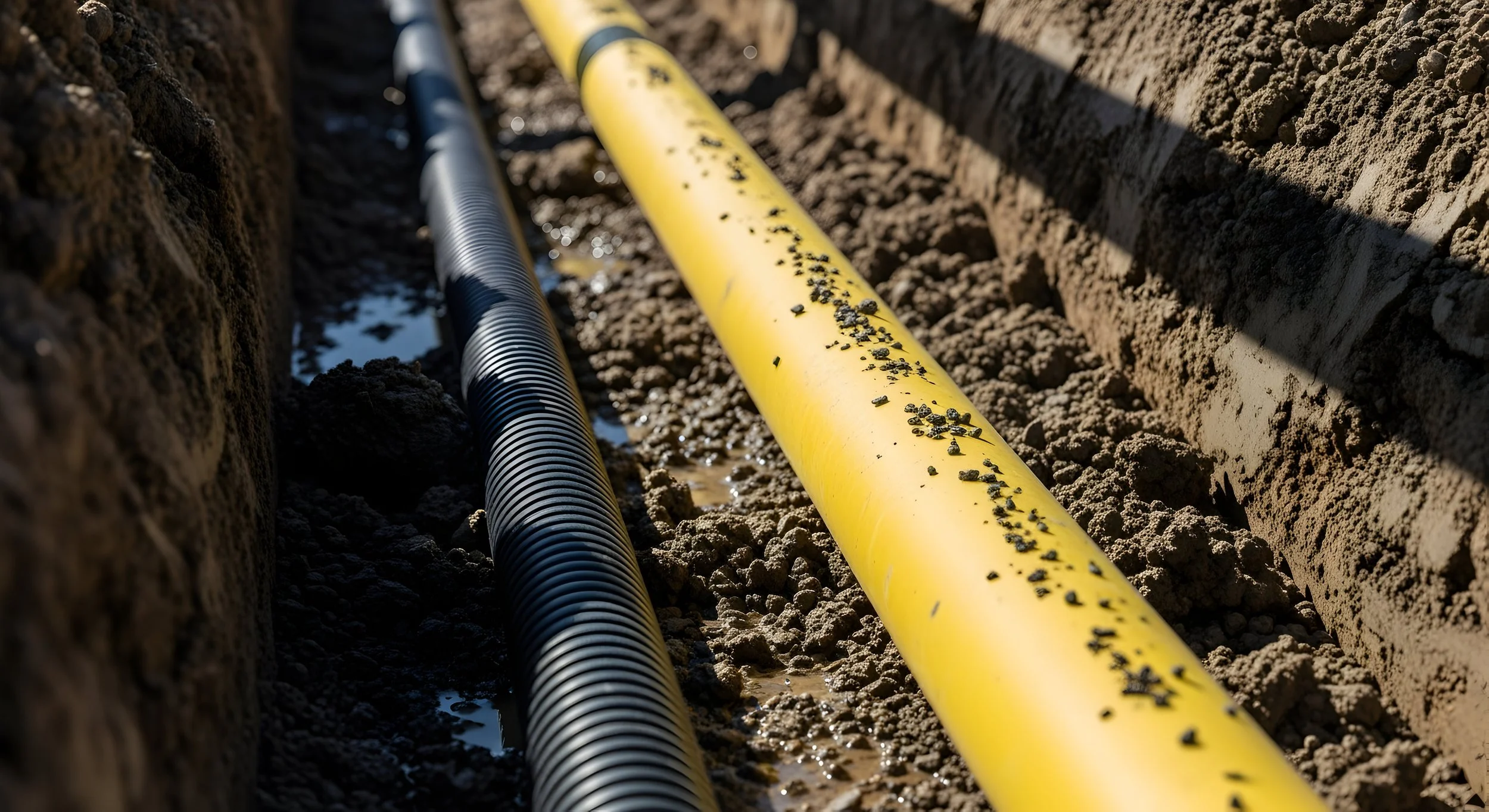 Close-up of two underground utility pipes, one black and corrugated, and the other yellow, in a trench with dirt and moisture.
