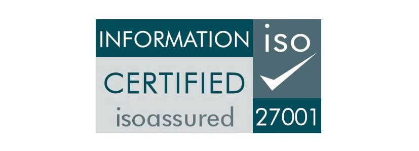 Certification badge with teal and gray colors displaying 'Information Certified ISO 27001' and a checkmark.