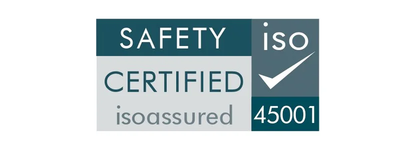 Certification badge indicating safety certification, ISO certification, and compliance with ISO 45001 standards.