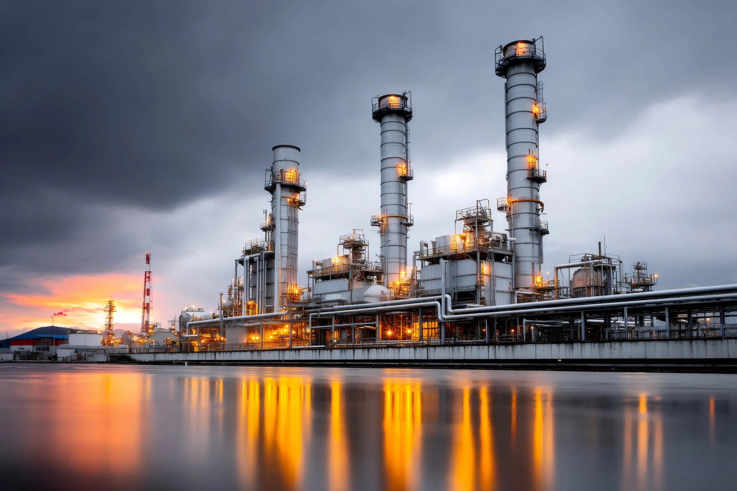 An industrial refinery with tall chimneys illuminated against a cloudy evening sky, reflecting on a body of water in the foreground.