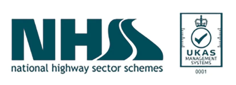 Logo of NHS with a highway graphic and the text 'National Highway Sector Schemes' and the UKAS Management Systems logo.