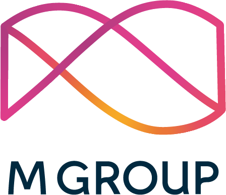 An abstract graphic with overlapping geometric shapes in shades of pink, purple, and orange.