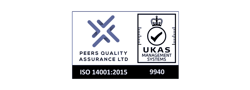 Certification labels for Peers Quality Assurance Ltd and UKAS Management Systems, indicating ISO 14001:2015 accreditation.