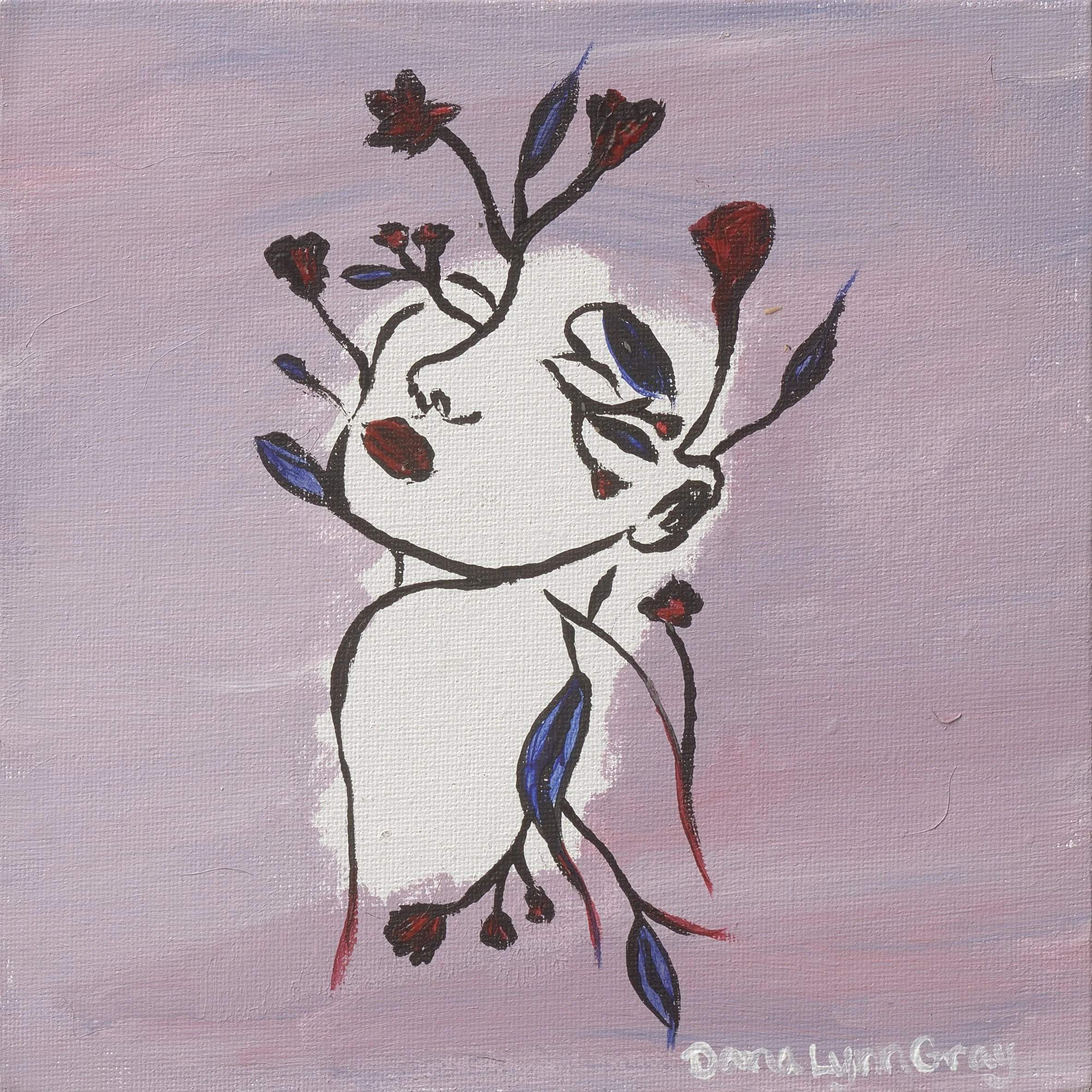 A line art drawing of a humanoid figure with flower-like hair and facial features on a pink and purple background.