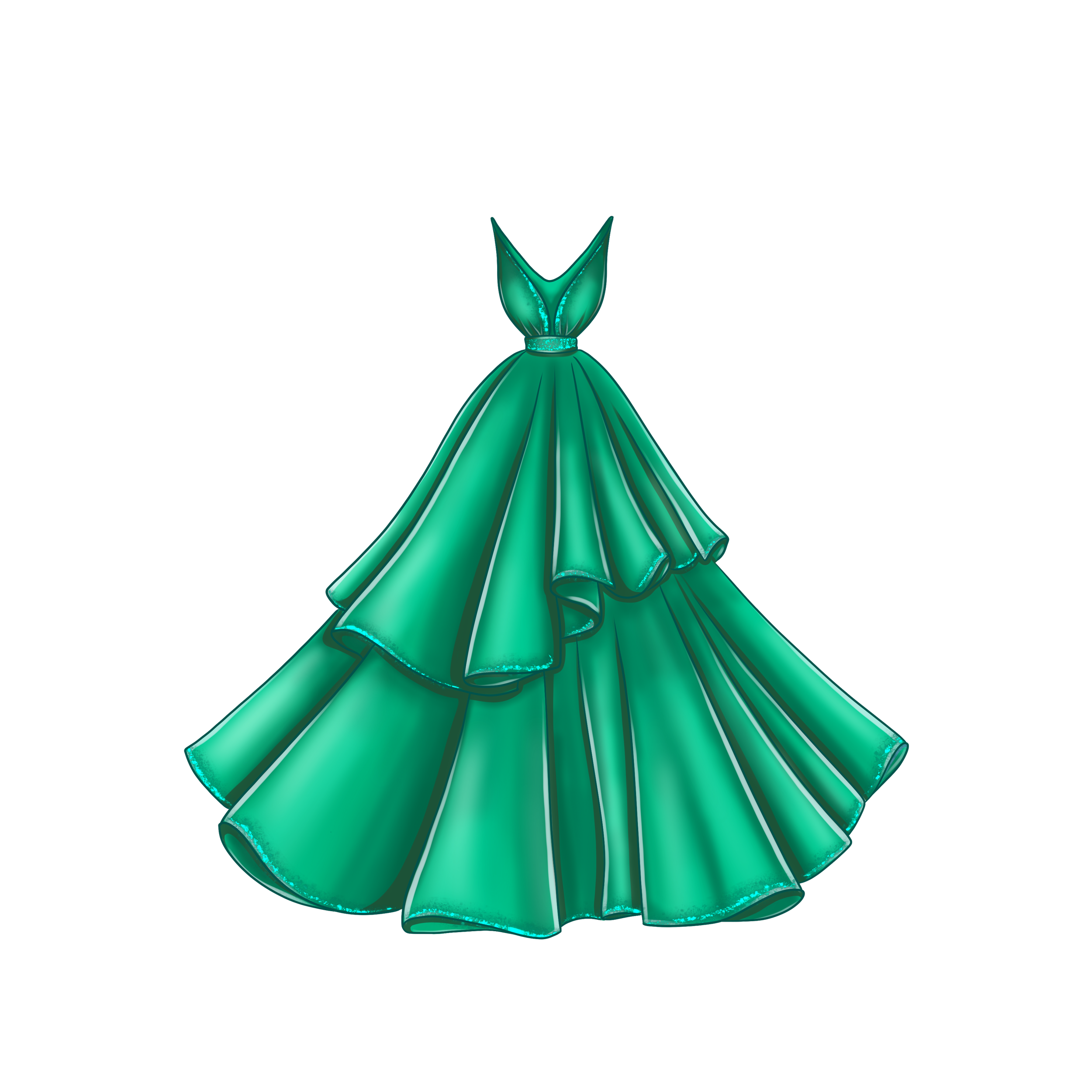 A glamorous emerald green evening gown with a fitted bodice and a layered, flowing skirt.