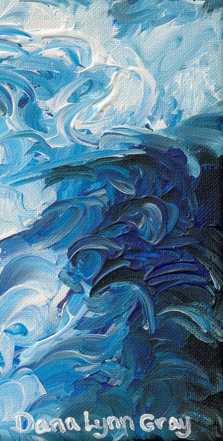 Abstract painting with swirling shades of blue, white, and black, signed DanaLynn Gray.