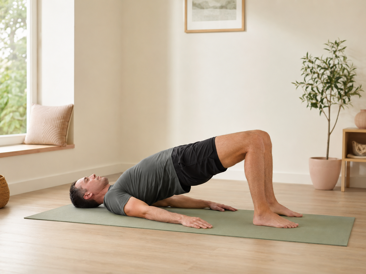 Man performing a bridge exercise for pelvic floor, core, and hip strengthening.