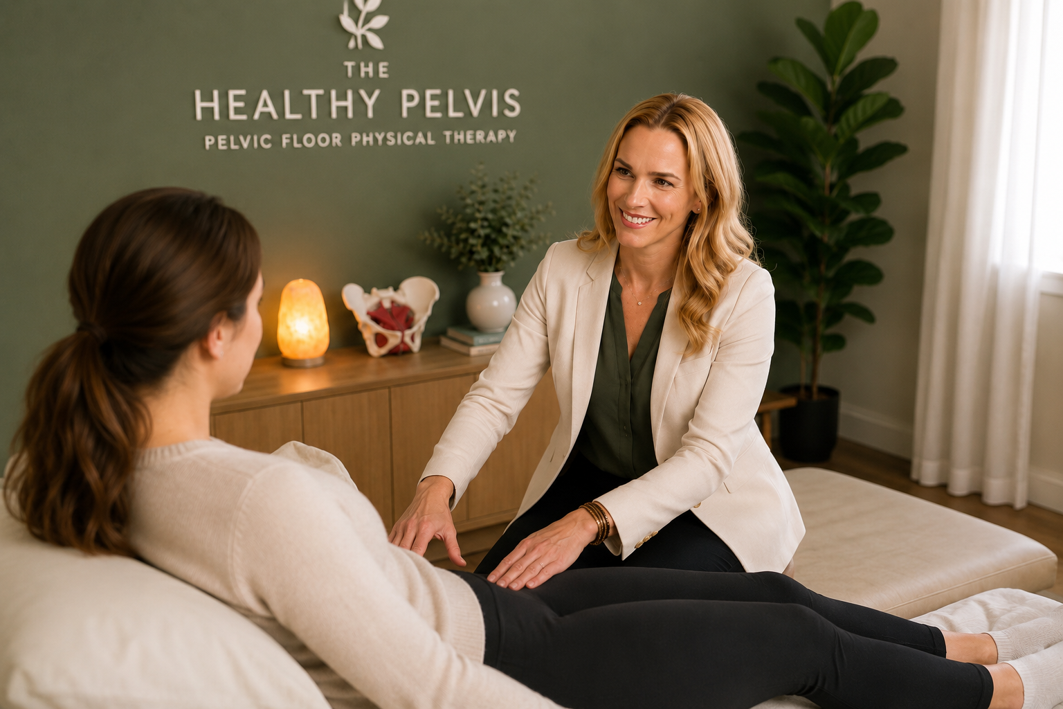 A woman in beige blazer talking to another woman lying on a therapy table in an office with a green wall that says "The Healthy Pelvis Pelvic Floor Physical Therapy" with a small lamp, a pelvis model, and some books on a sideboard in the background.