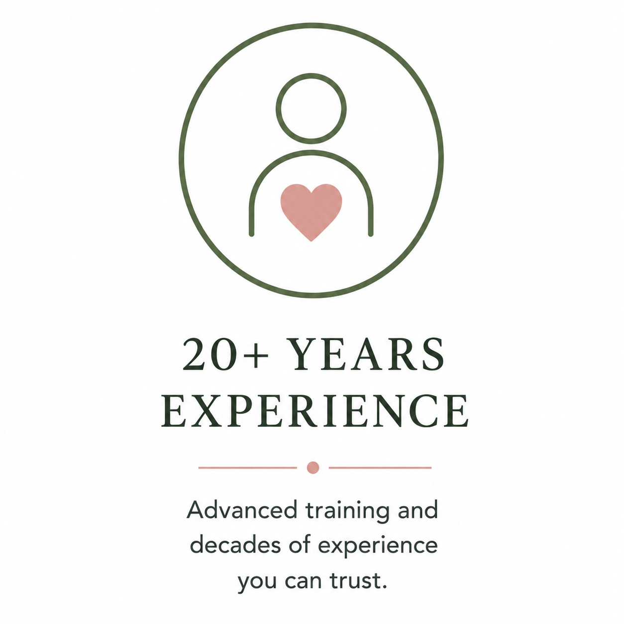 Icon of a person with a heart in the chest area, with the text "20+ YEARS EXPERIENCE" below, and a subtext "Advanced training and decades of experience you can trust."