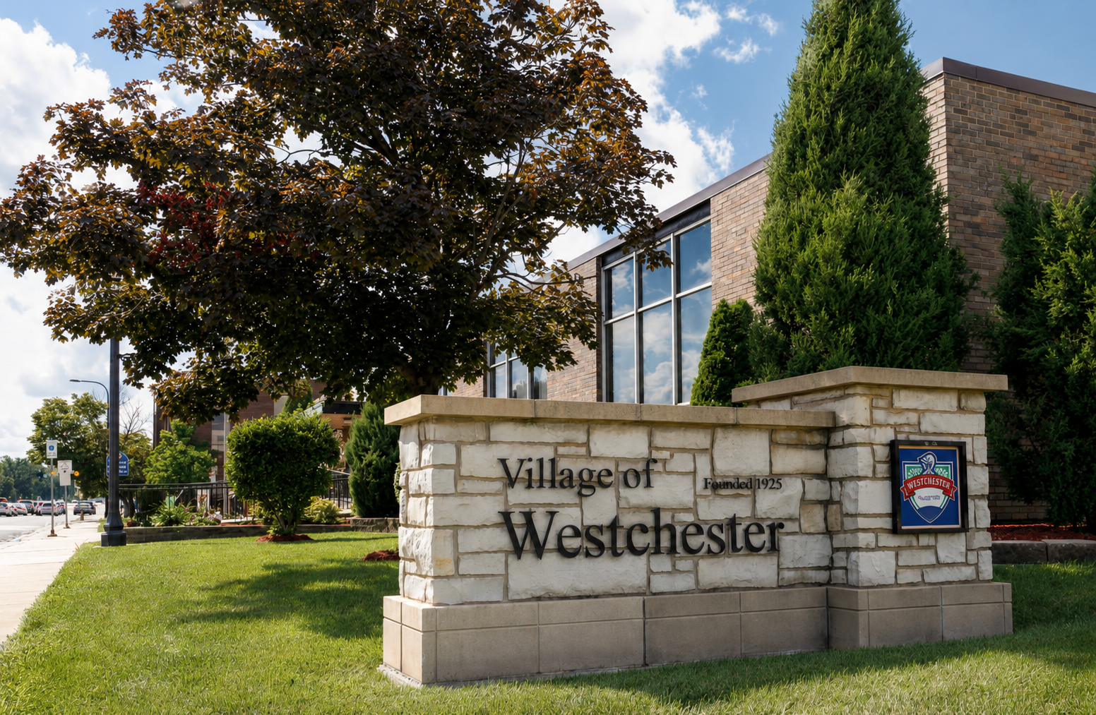 Village of Westchester sign outside Village Hall in Westchester, Illinois.