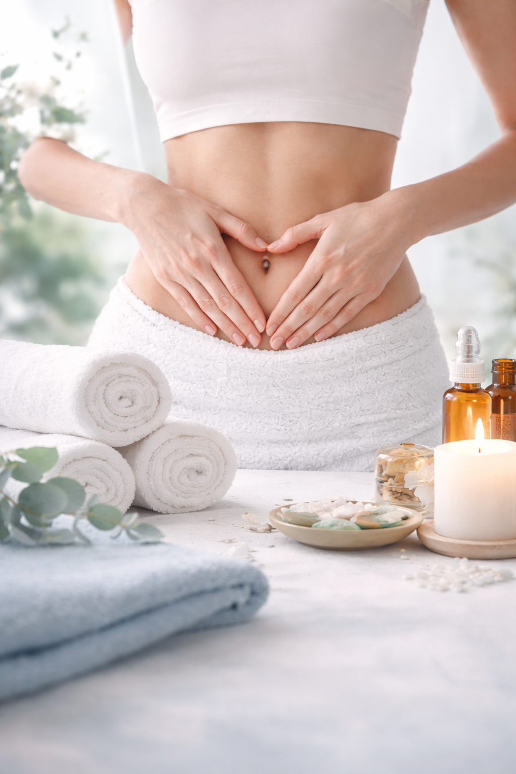 A woman standing with hands on her stomach, demonstrating a heart shape, at a spa or wellness setting with white rolled towels, candles, essential oils, and spa stones on a table.