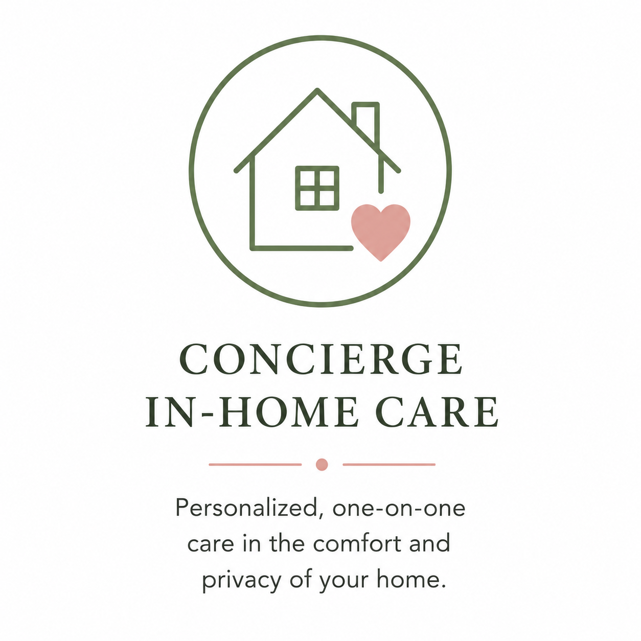 Logo for Concierge In-Home Care featuring a simple house outline with a pink heart and text indicating personalized private care service