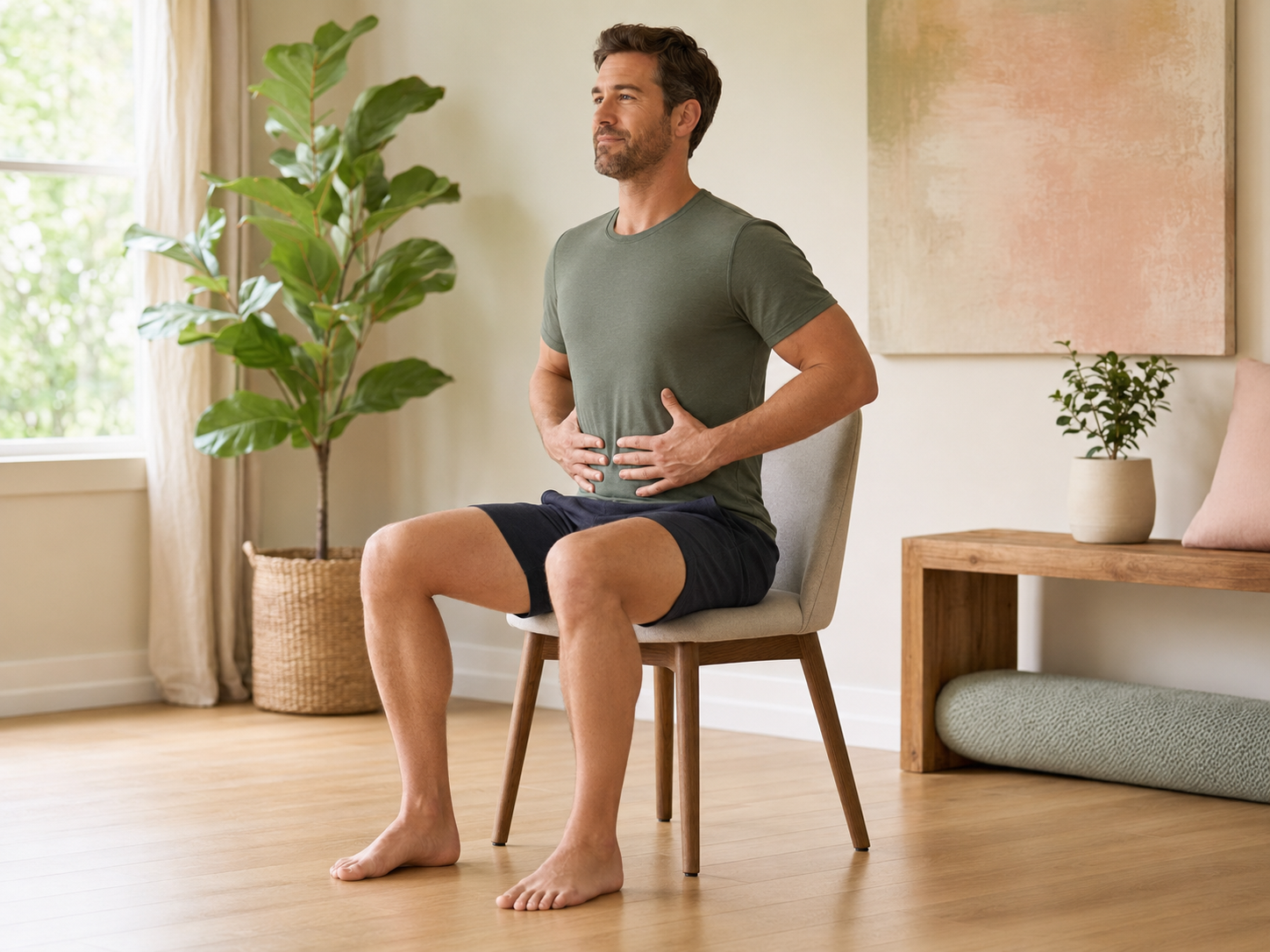 Man seated upright while practicing a gentle pelvic floor muscle contraction.