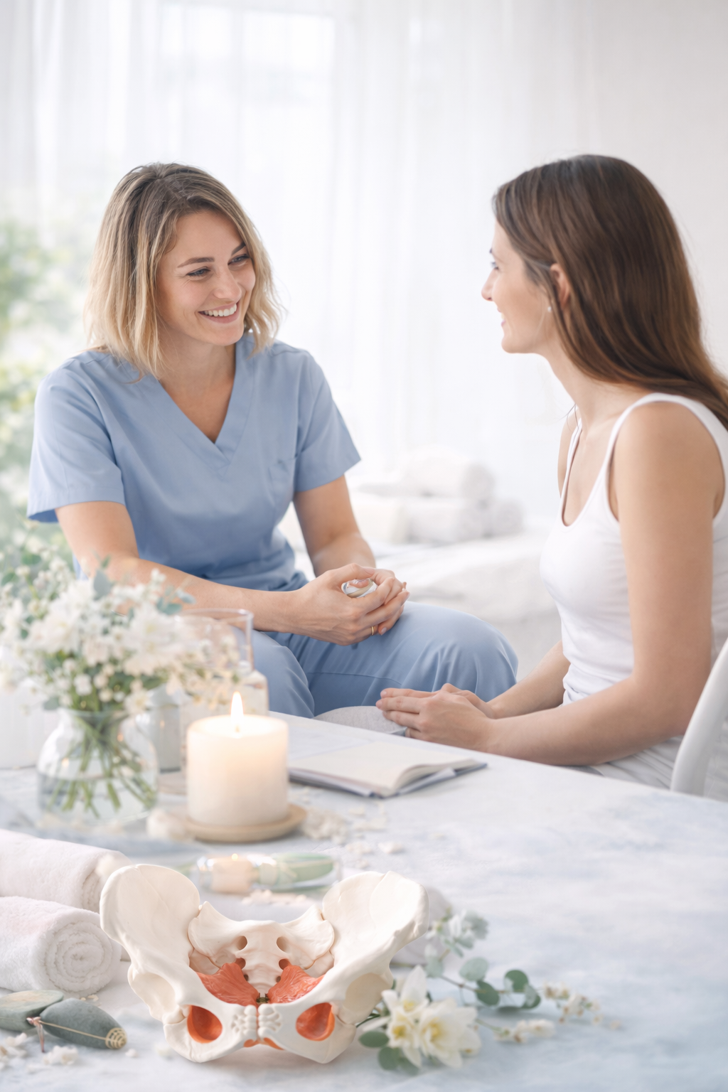 A woman in medical scrubs talking to a woman in a white tank top during a consultation, with a pelvic model and flowers on the table.