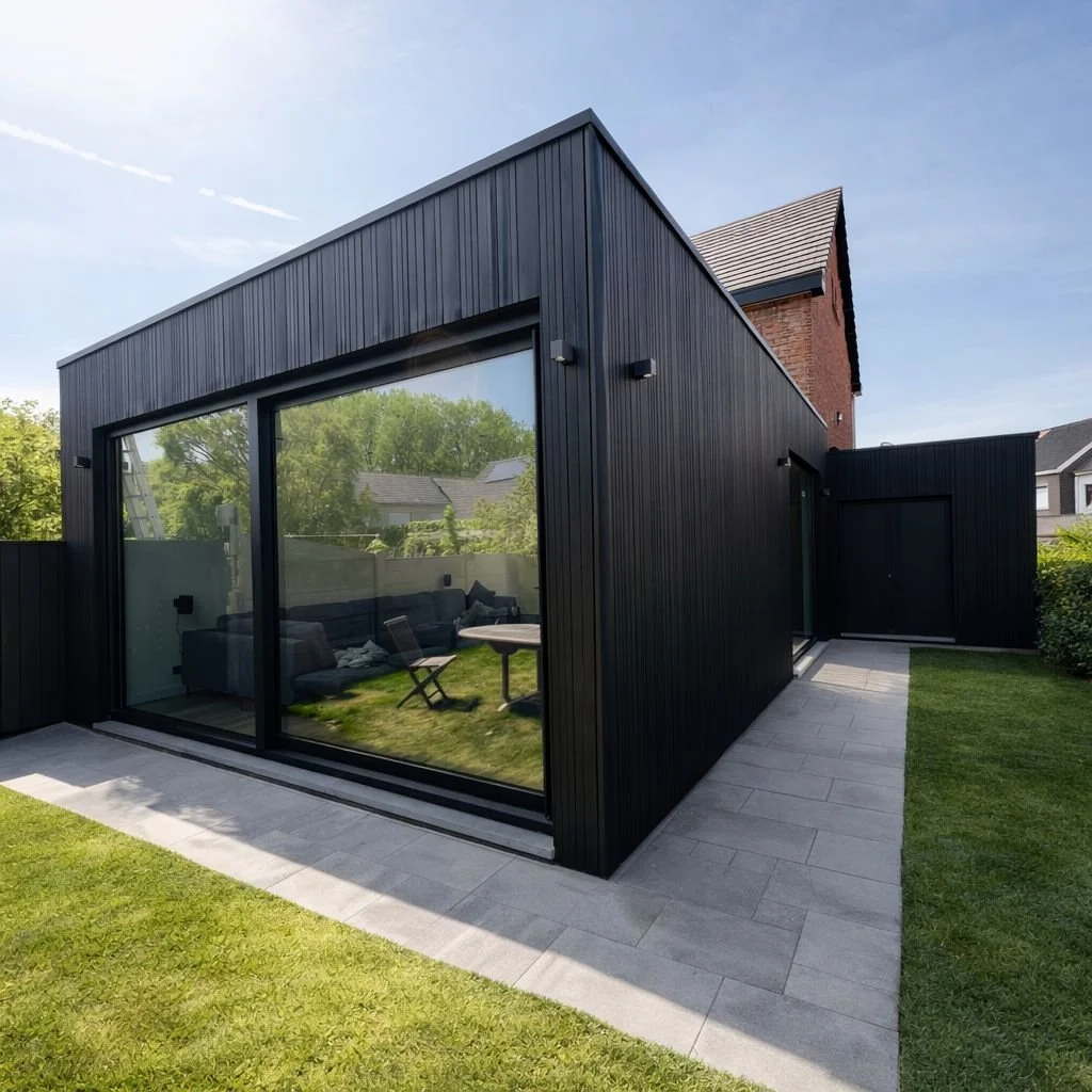 Modern zwart gebouw met grote glazen schuifdeur, terras, gazon en omliggende huizen onder een blauwe hemel.