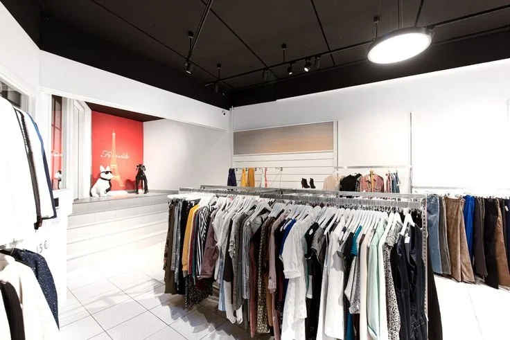 Voor de verbouwing - Interieur van een kledingwinkel met rekken vol verschillende kledingstukken, paspoppen en een rode muur met een wit logo en een afbeelding van de Eiffeltoren.