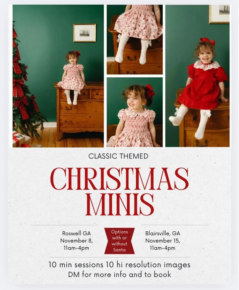 🎄It&rsquo;s that time of year! Come join us Saturday, November 15 in Blairsville, and Saturday, November 8 in Roswell for classic themed Christmas Minis! Complimentary cookies &amp; hot chocolate included! DM for rates and to book!