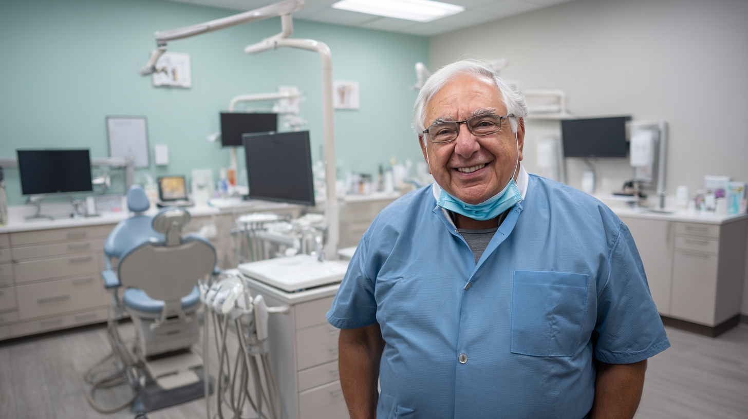 A smiling elderly male dentist standing in a modern dental clinic with dental chairs, monitors, and dental equipment in the background.