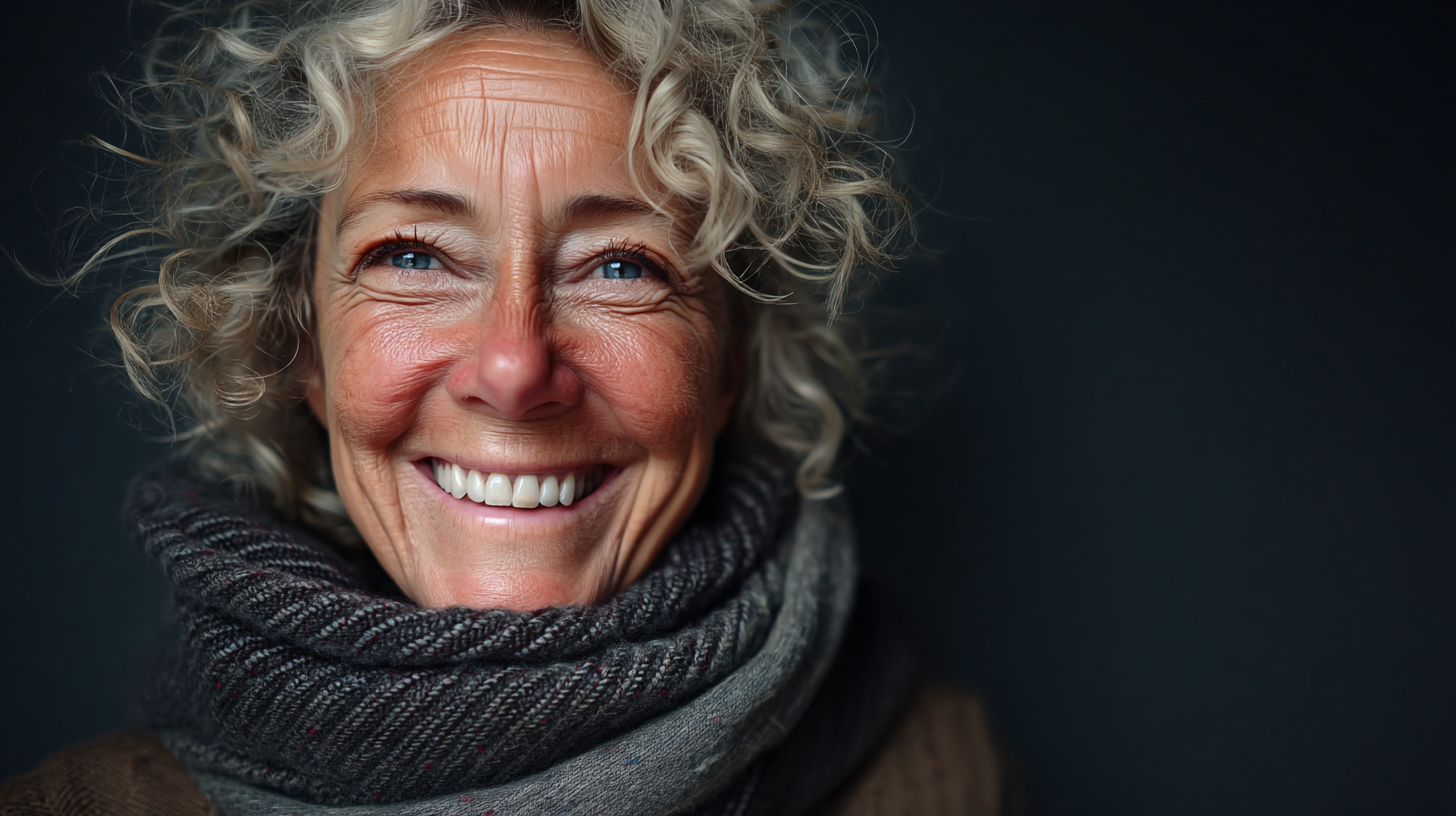 Close-up of a smiling older woman with curly gray hair, blue eyes, and wearing a dark plaid scarf against a dark background.