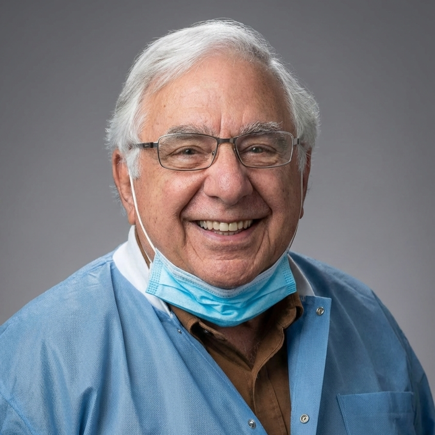 A smiling elderly man with white hair, glasses, and a blue medical gown, wearing a face mask pulled down below his chin against a plain gray background.