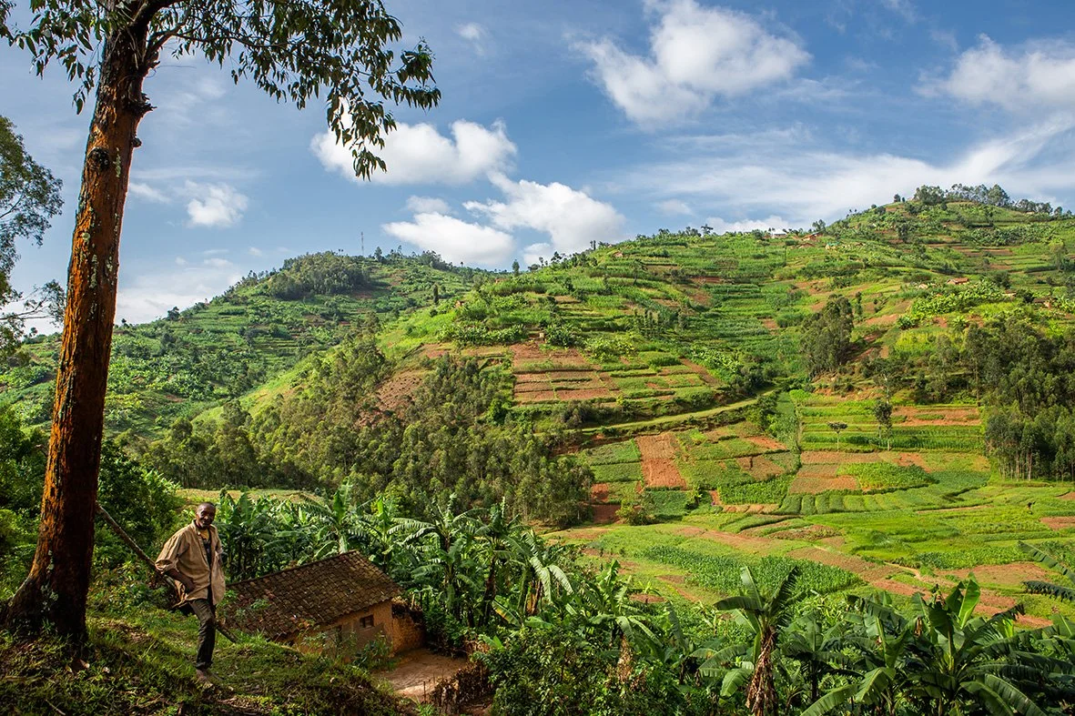 A man standing in front of a small hut on a hillside with terraced green fields and trees, under a partly cloudy sky.