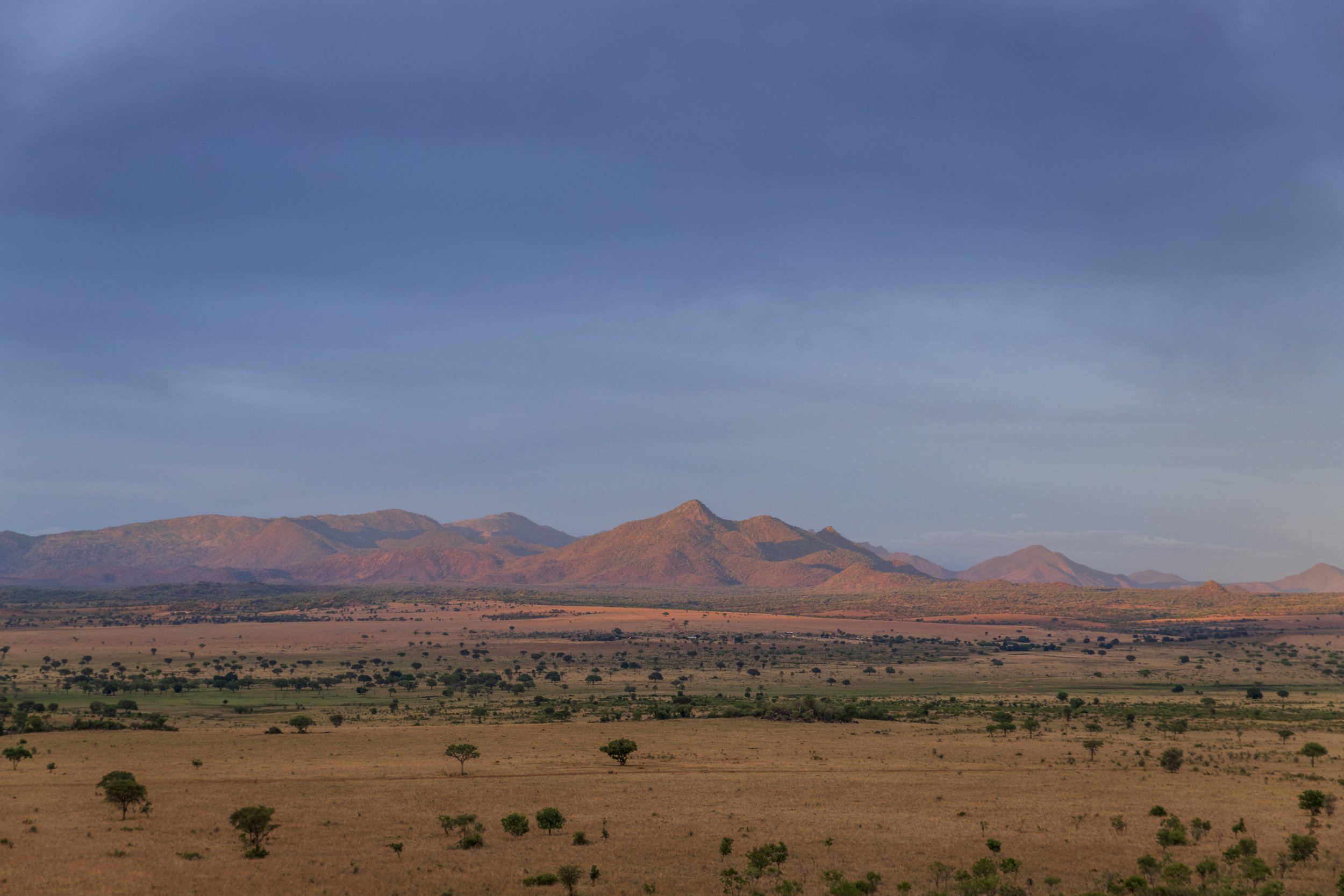 A vast landscape with sparse trees in the foreground, rolling hills and mountains in the distance, under a partly cloudy sky.