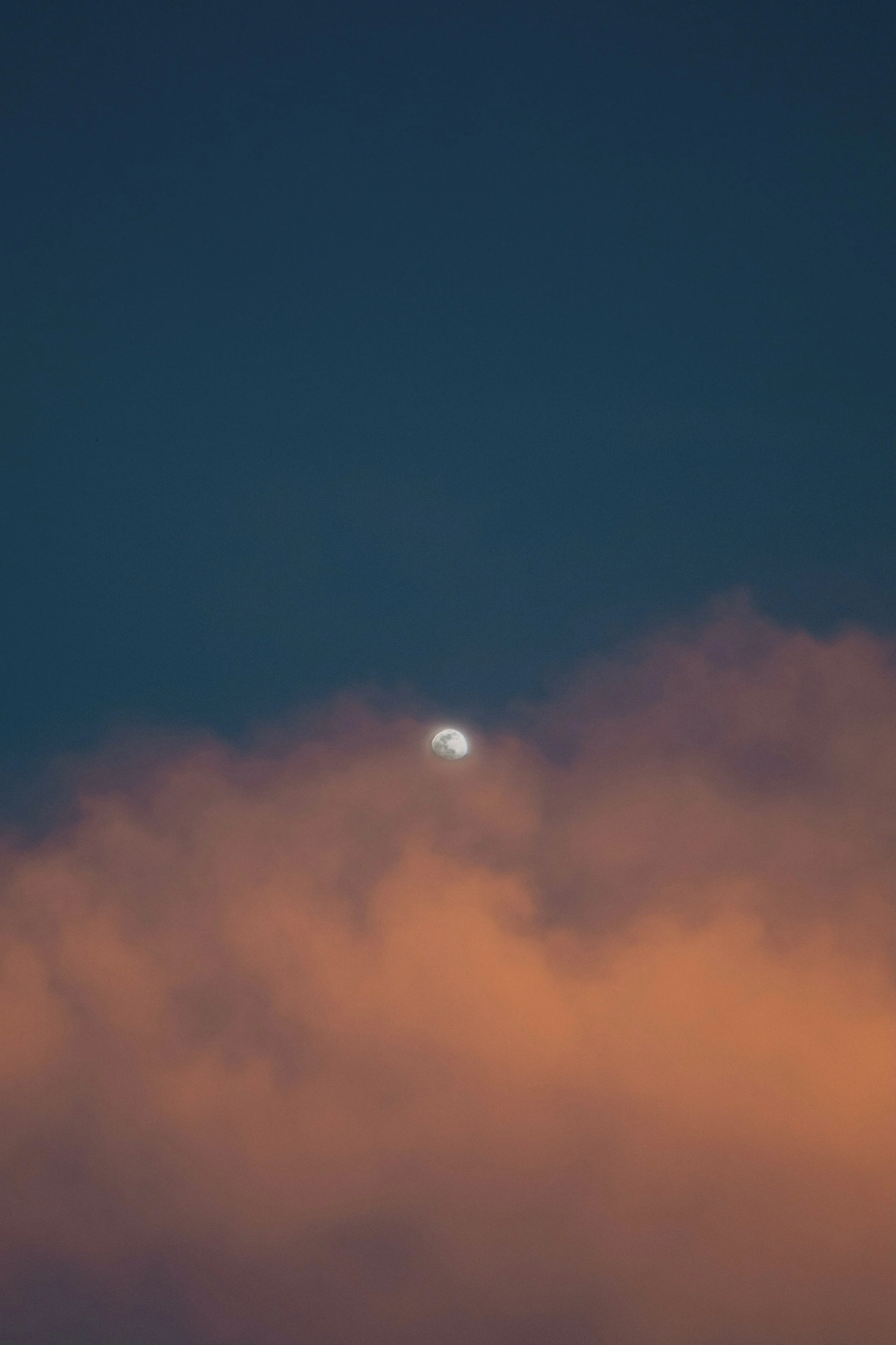 The moon visible in the evening sky above clouds with a pinkish hue.