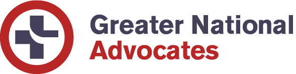 Logo of Greater National Advocates featuring a red cross inside a circle and purple text.