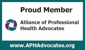 Logo and text of the Alliance of Professional Health Advocates with the website www.APHAdvocates.org, labeled 'Proud Member'.
