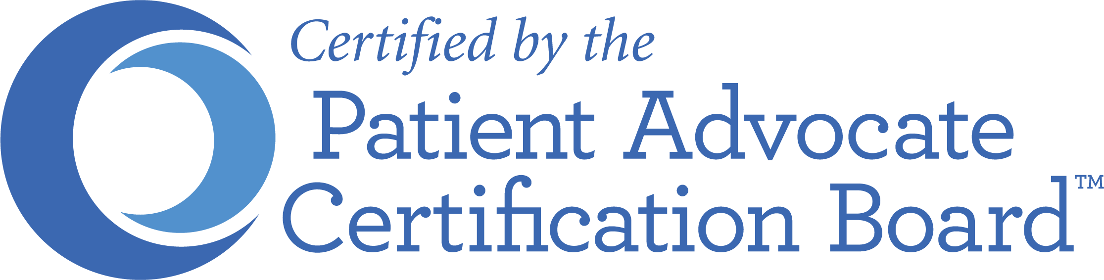 Logo of the Patient Advocate Certification Board with a stylized blue circle and the text 'Certified by the Patient Advocate Certification Board'
