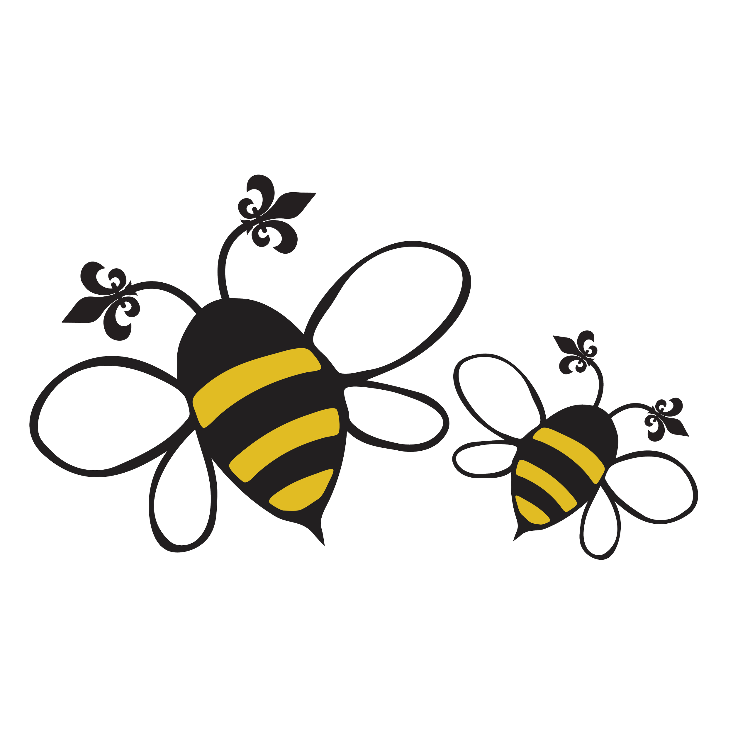 Cartoon illustration of two black and yellow bees with outlined wings, flying and hovering.