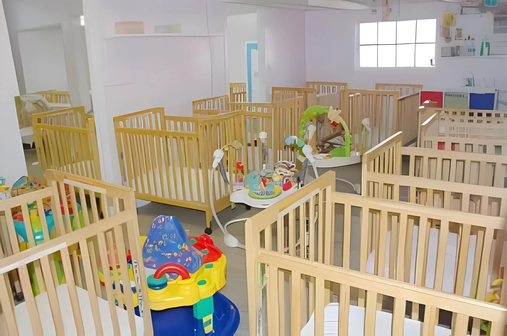 Children's indoor play area with multiple wooden safety rails, colorful toys, and activity stations for infants and toddlers.